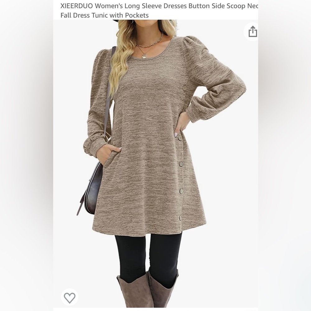 Women’s long sleeve scoop neck sweater dress, side button detail and POCKETS!